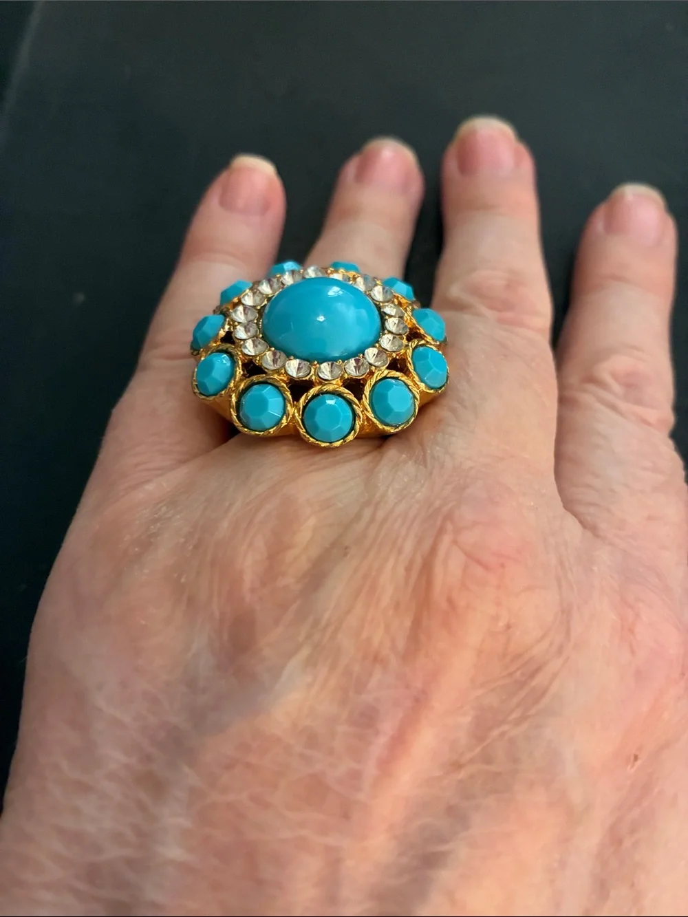 Turquoise Cabochon Statement Ring with Surrounding Clear Crystals